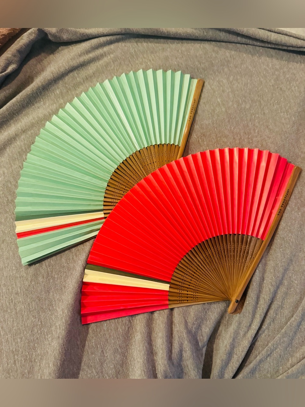 Pair of Handheld Folding Fans in Turquoise and Red
